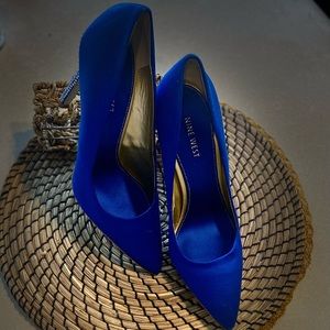 Royal blue Satin pumps with blinged hells worn only for a photo shoot